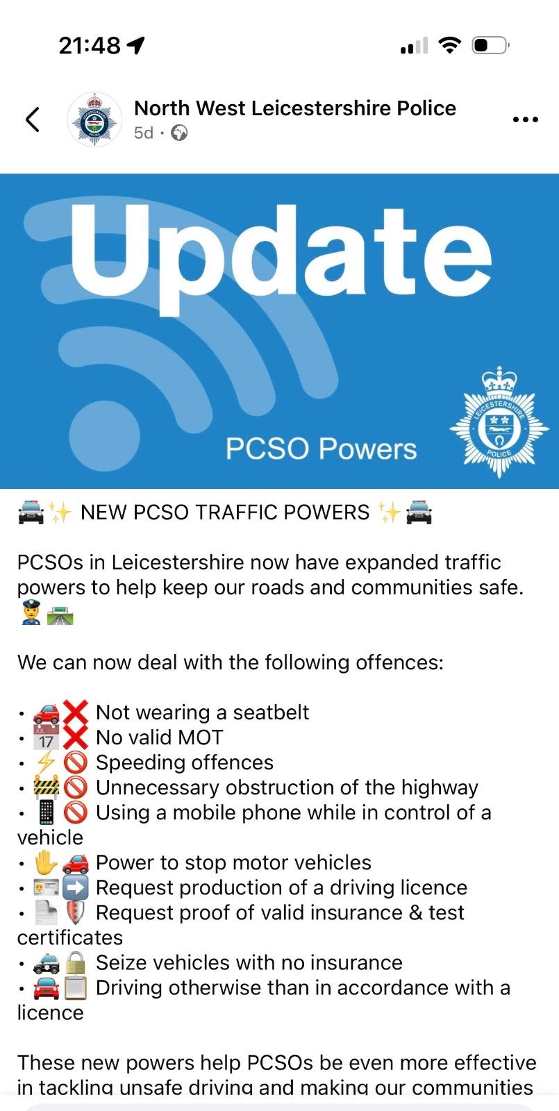 Leicestershire Police: PCSO Traffic Powers
